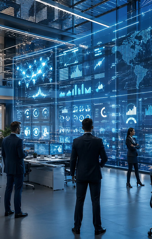 Centre de pilotage d’une grande entreprise dans un environnement technologique avancé, où équipes, tableaux de bord numériques géants et systèmes automatisés illustrent l’intégration massive de l’intelligence artificielle dans les opérations stratégiques.