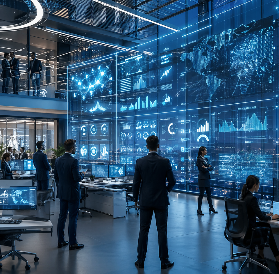 Centre de pilotage d’une grande entreprise dans un environnement technologique avancé, où équipes, tableaux de bord numériques géants et systèmes automatisés illustrent l’intégration massive de l’intelligence artificielle dans les opérations stratégiques.