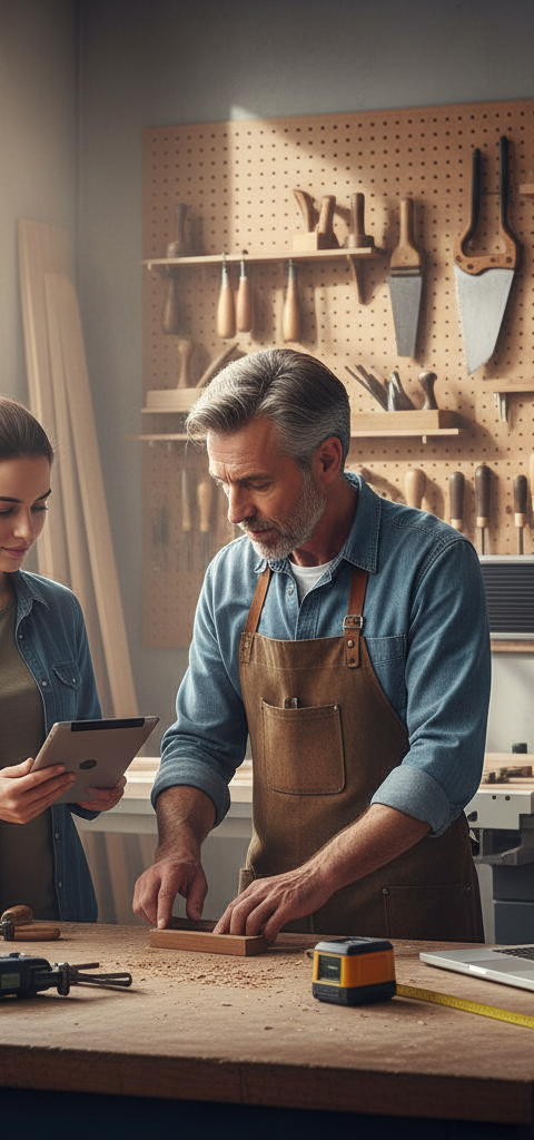 Un artisan et son apprenti travaillant ensemble dans un atelier, symbolisant la transmission des savoir-faire et les opportunités de l'alternance en 2026 pour les artisans.