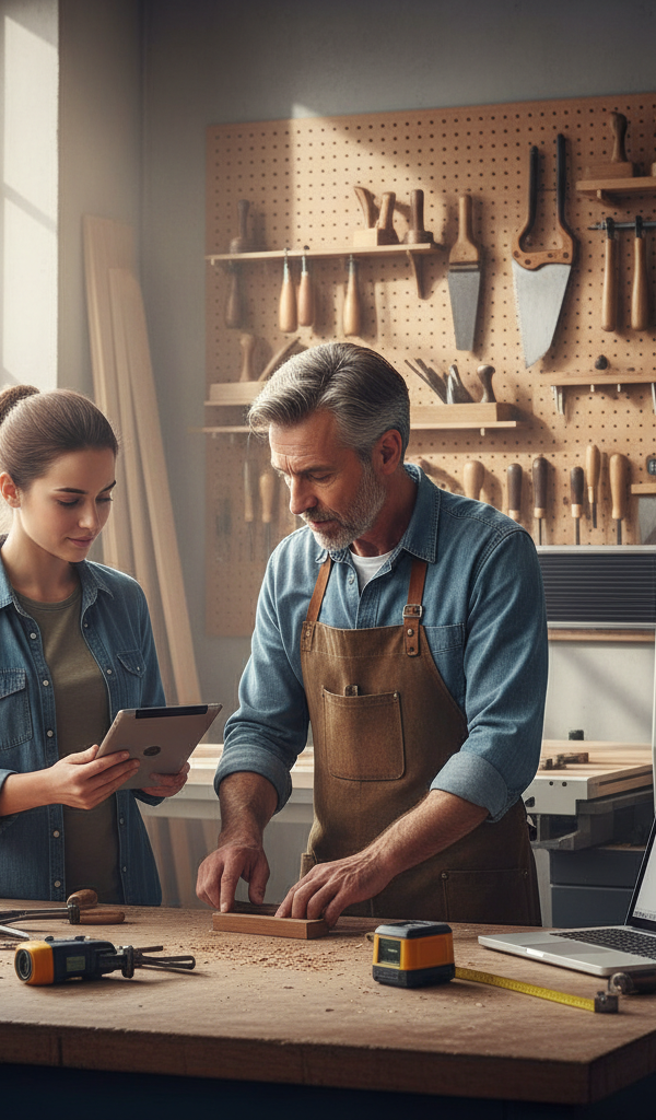 Un artisan et son apprenti travaillant ensemble dans un atelier, symbolisant la transmission des savoir-faire et les opportunités de l'alternance en 2026 pour les artisans.