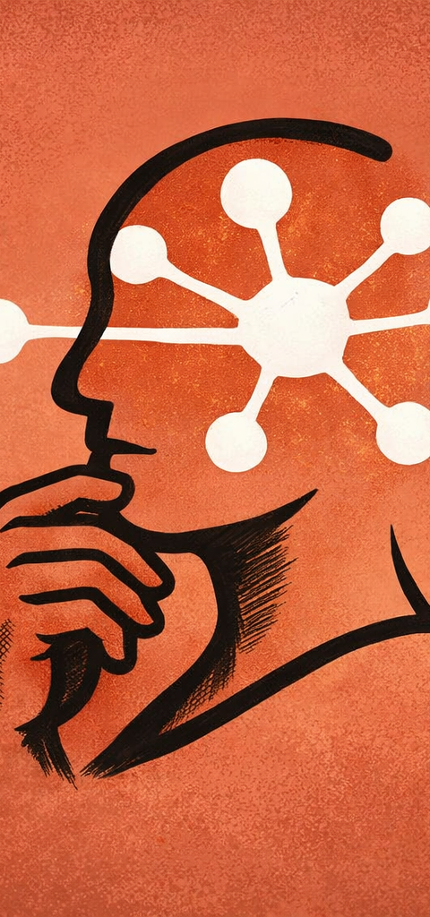 Illustration éditoriale en format paysage représentant le profil d’un visage en réflexion, tracé d’un trait noir expressif, avec une main posée sur le menton. À l’intérieur de la tête, un schéma blanc en forme de réseau neuronal symbolise l’intelligence artificielle, sur fond orange texturé.