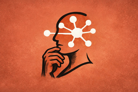 Illustration éditoriale en format paysage représentant le profil d’un visage en réflexion, tracé d’un trait noir expressif, avec une main posée sur le menton. À l’intérieur de la tête, un schéma blanc en forme de réseau neuronal symbolise l’intelligence artificielle, sur fond orange texturé.