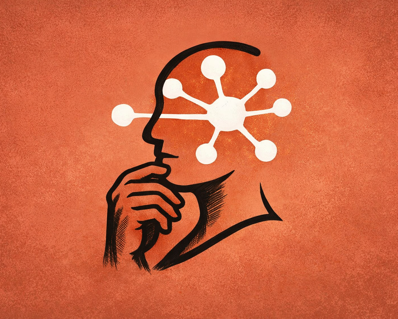 Illustration éditoriale en format paysage représentant le profil d’un visage en réflexion, tracé d’un trait noir expressif, avec une main posée sur le menton. À l’intérieur de la tête, un schéma blanc en forme de réseau neuronal symbolise l’intelligence artificielle, sur fond orange texturé.