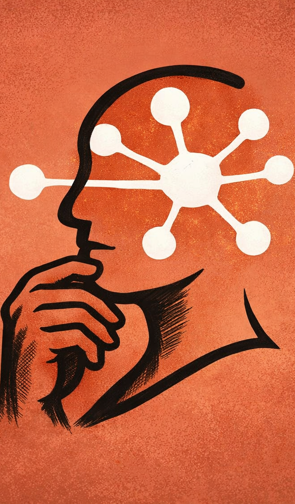 Illustration éditoriale en format paysage représentant le profil d’un visage en réflexion, tracé d’un trait noir expressif, avec une main posée sur le menton. À l’intérieur de la tête, un schéma blanc en forme de réseau neuronal symbolise l’intelligence artificielle, sur fond orange texturé.