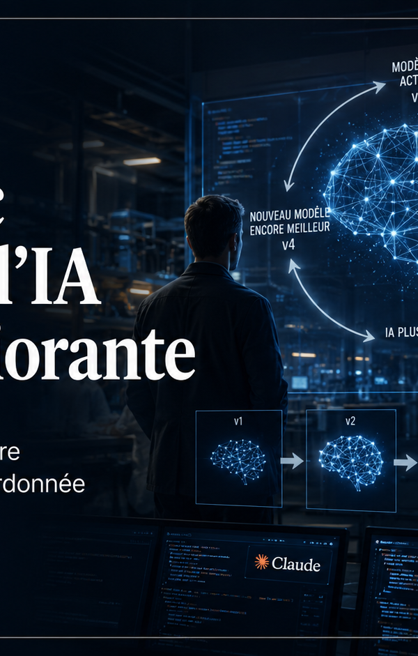 Illustration éditoriale d’Anthropic alertant sur une IA auto-améliorante, avec Claude, un cerveau numérique et une boucle d’évolution de modèles d’intelligence artificielle. Par Entreprisma