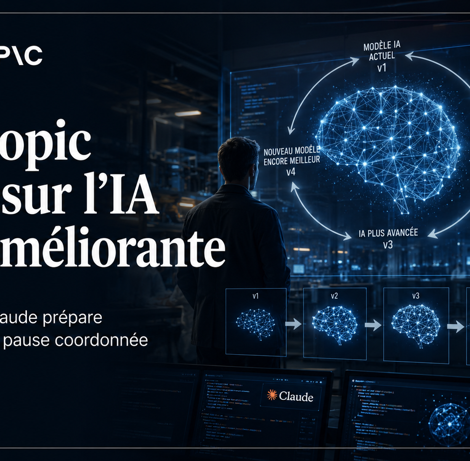 Illustration éditoriale d’Anthropic alertant sur une IA auto-améliorante, avec Claude, un cerveau numérique et une boucle d’évolution de modèles d’intelligence artificielle. Par Entreprisma