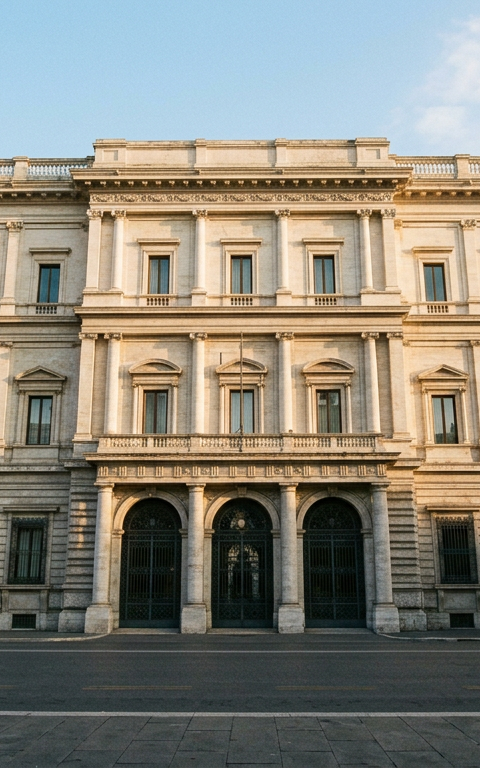 Illustration d'une balance de justice avec des symboles bancaires, représentant la décision antitrust italienne bloquant une fusion.