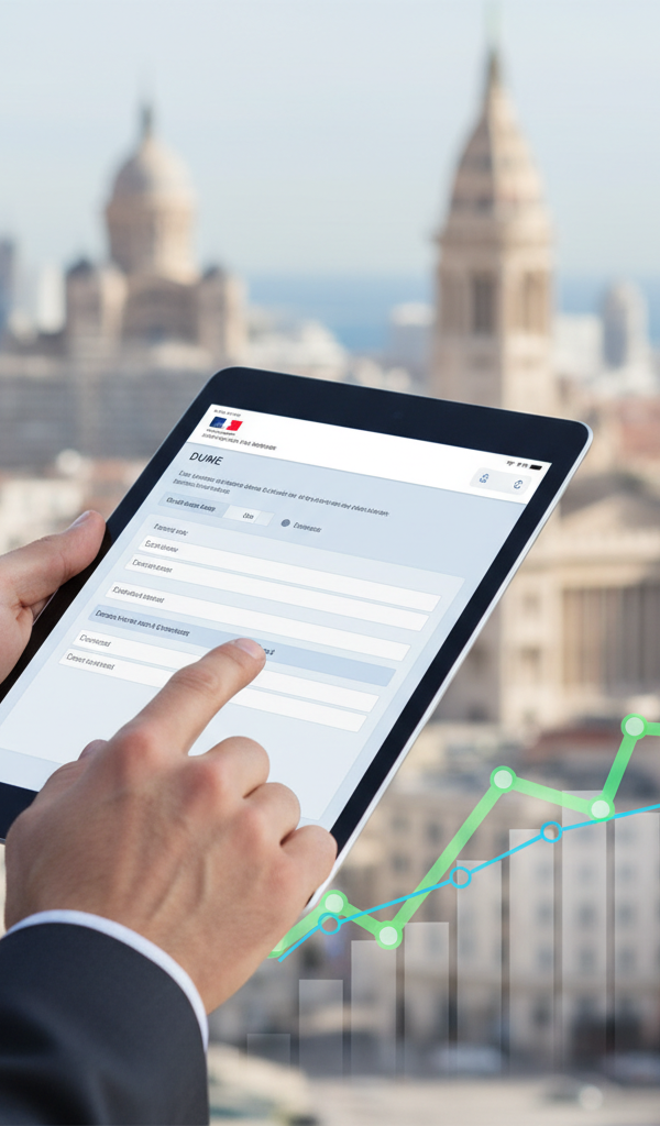 Entrepreneur PME utilisant un DUME dématérialisé pour répondre à un appel d'offres public en 2026.