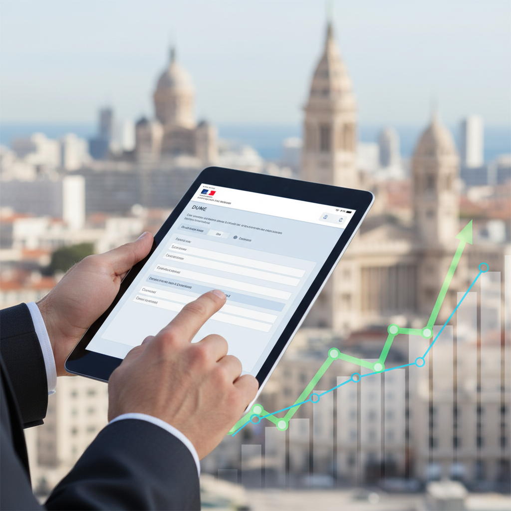 Entrepreneur PME utilisant un DUME dématérialisé pour répondre à un appel d'offres public en 2026.