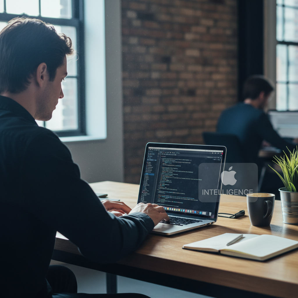 Illustration conceptuelle d'Apple Intelligence en France, montrant des icônes d'applications iOS connectées par des lignes lumineuses symbolisant l'IA, avec la Tour Eiffel en arrière-plan.