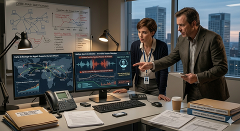 Illustration d'un téléphone avec une onde sonore transformée en circuit imprimé, symbolisant l'arnaque téléphonique en entreprise par IA et la menace du deepfake vocal.