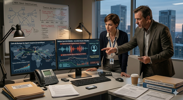 Illustration d'un téléphone avec une onde sonore transformée en circuit imprimé, symbolisant l'arnaque téléphonique en entreprise par IA et la menace du deepfake vocal.