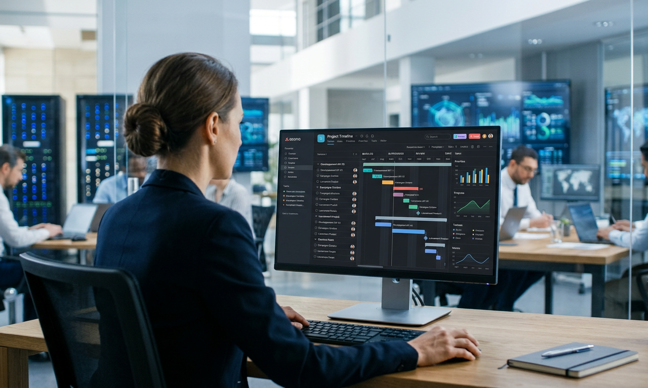 Interface de gestion de projet où Asana intègre l’IA pour optimiser les workflows des PME.