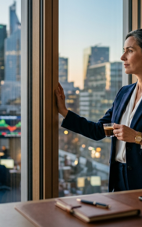 Un dirigeant d'entreprise, l'air pensif, devant un graphique financier, symbolisant les enjeux de l'Assurance du dirigeant et la réforme de 2026.