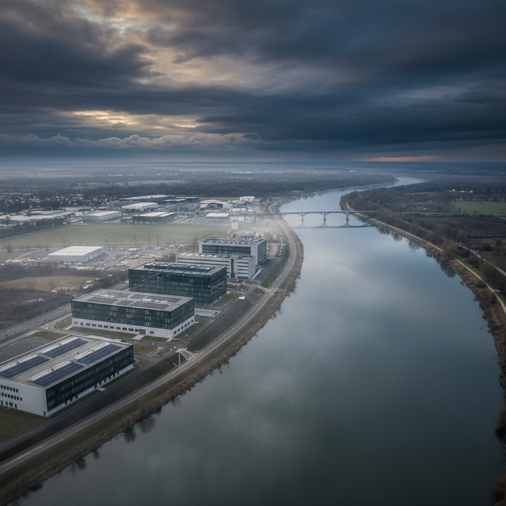 Une image de synthèse montrant une PME face à des défis climatiques, avec des graphiques de primes d'assurance en hausse et des symboles de risques naturels, illustrant l'impact sur l'assurance professionnelle des PME en 2026.