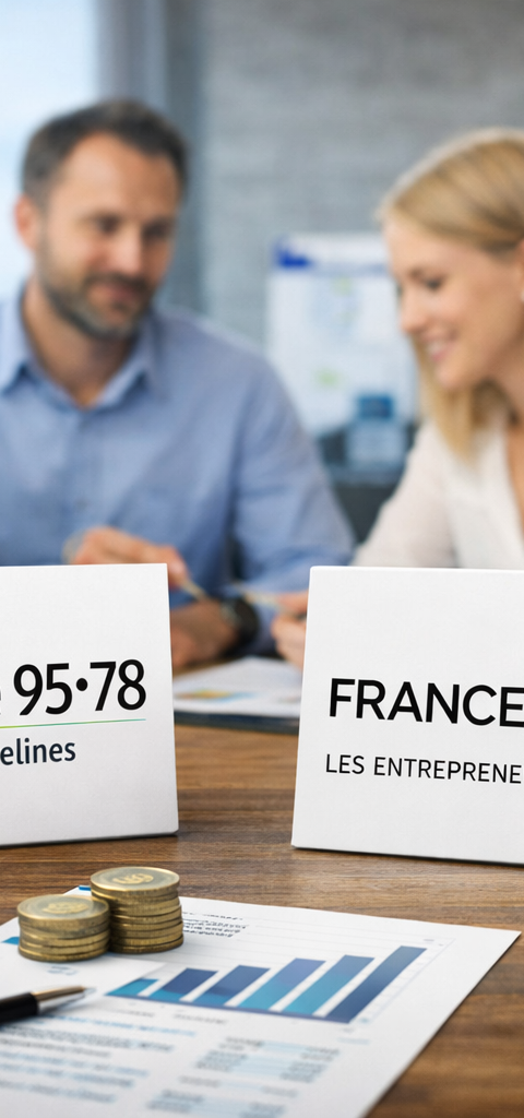 Photographie éditoriale en format paysage montrant une scène professionnelle autour de l’accompagnement entrepreneurial, avec les identités visuelles d’Initiactive 95-78 et de France Active mises en avant sur une table de réunion. Au premier plan, des documents financiers, une calculatrice et des pièces symbolisent le financement et le soutien aux porteurs de projet. En arrière-plan, plusieurs professionnels échangent dans une ambiance sérieuse et collaborative, illustrant l’accompagnement des entrepreneurs et le financement de l’initiative locale.