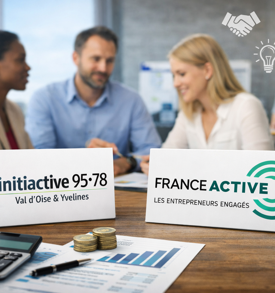 Photographie éditoriale en format paysage montrant une scène professionnelle autour de l’accompagnement entrepreneurial, avec les identités visuelles d’Initiactive 95-78 et de France Active mises en avant sur une table de réunion. Au premier plan, des documents financiers, une calculatrice et des pièces symbolisent le financement et le soutien aux porteurs de projet. En arrière-plan, plusieurs professionnels échangent dans une ambiance sérieuse et collaborative, illustrant l’accompagnement des entrepreneurs et le financement de l’initiative locale.