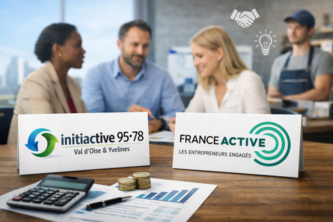 Photographie éditoriale en format paysage montrant une scène professionnelle autour de l’accompagnement entrepreneurial, avec les identités visuelles d’Initiactive 95-78 et de France Active mises en avant sur une table de réunion. Au premier plan, des documents financiers, une calculatrice et des pièces symbolisent le financement et le soutien aux porteurs de projet. En arrière-plan, plusieurs professionnels échangent dans une ambiance sérieuse et collaborative, illustrant l’accompagnement des entrepreneurs et le financement de l’initiative locale.