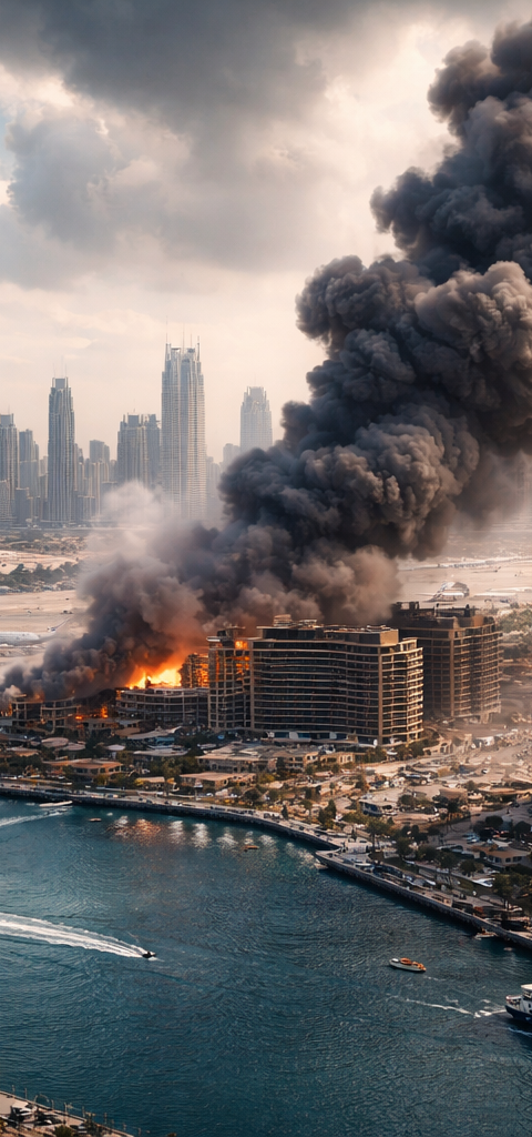 Vue aérienne de la skyline de Dubaï avec des traces de fumée, symbolisant l'impact de l'attaque Dubaï 2026 sur son image de sécurité et de stabilité économique.