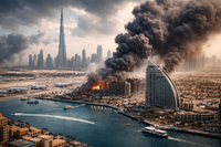 Vue aérienne de la skyline de Dubaï avec des traces de fumée, symbolisant l'impact de l'attaque Dubaï 2026 sur son image de sécurité et de stabilité économique.