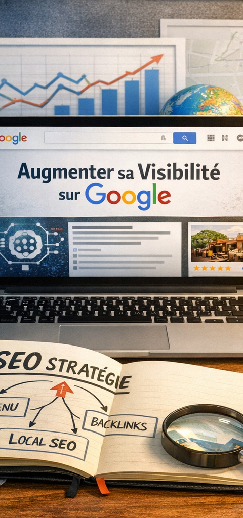 Infographie illustrant les différentes surfaces de visibilité Google (Search, Local, Images, Discover, IA) avec des flèches convergentes vers un objectif 'augmenter sa visibilité'.