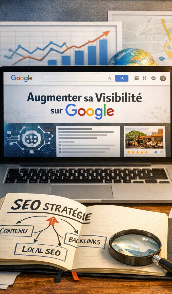 Infographie illustrant les différentes surfaces de visibilité Google (Search, Local, Images, Discover, IA) avec des flèches convergentes vers un objectif 'augmenter sa visibilité'.