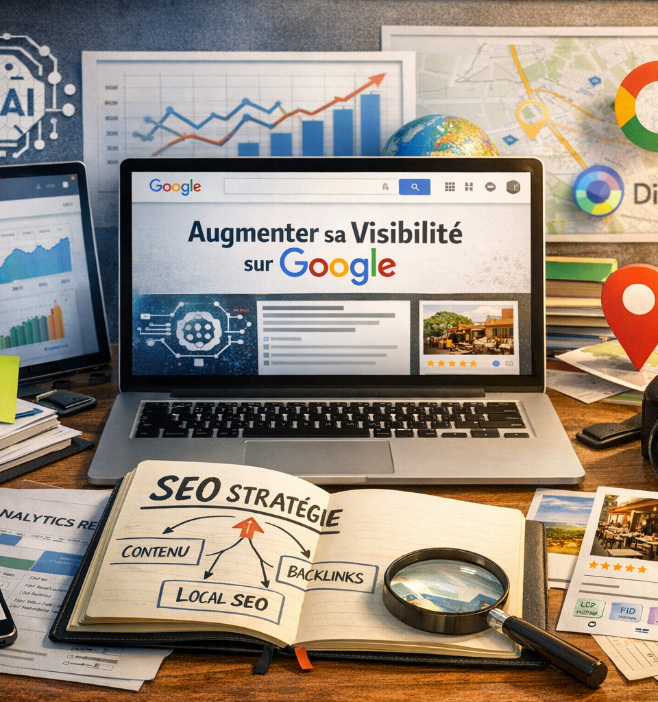 Infographie illustrant les différentes surfaces de visibilité Google (Search, Local, Images, Discover, IA) avec des flèches convergentes vers un objectif 'augmenter sa visibilité'.