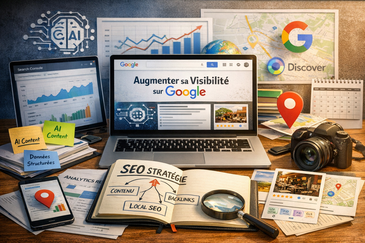 Infographie illustrant les différentes surfaces de visibilité Google (Search, Local, Images, Discover, IA) avec des flèches convergentes vers un objectif 'augmenter sa visibilité'.