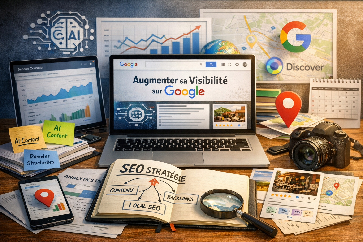 Infographie illustrant les différentes surfaces de visibilité Google (Search, Local, Images, Discover, IA) avec des flèches convergentes vers un objectif 'augmenter sa visibilité'.