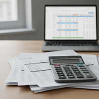 Un auto-entrepreneur perplexe devant des documents fiscaux et un calendrier affichant 2026, symbolisant les défis de l'auto-entrepreneur TVA 2026.