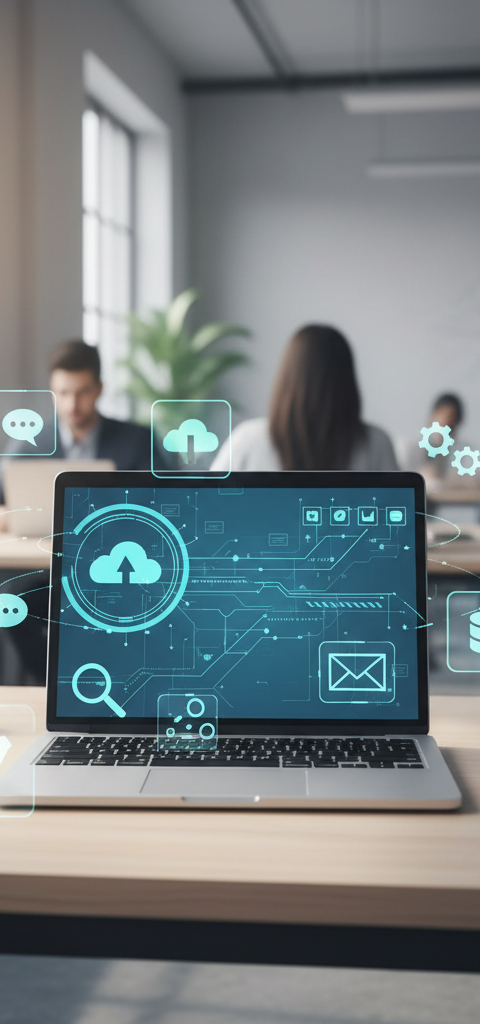 Illustration d'engrenages connectés symbolisant l'automatisation PME avec les logos Make et Zapier, sur fond de graphiques financiers positifs, représentant la rentabilité et l'efficacité.