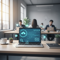 Illustration d'engrenages connectés symbolisant l'automatisation PME avec les logos Make et Zapier, sur fond de graphiques financiers positifs, représentant la rentabilité et l'efficacité.