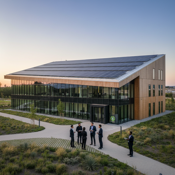 Une équipe d'entrepreneurs engagés discutant dans un bureau moderne et lumineux, symbolisant la certification B Corp France 2026 et la collaboration pour un impact positif.