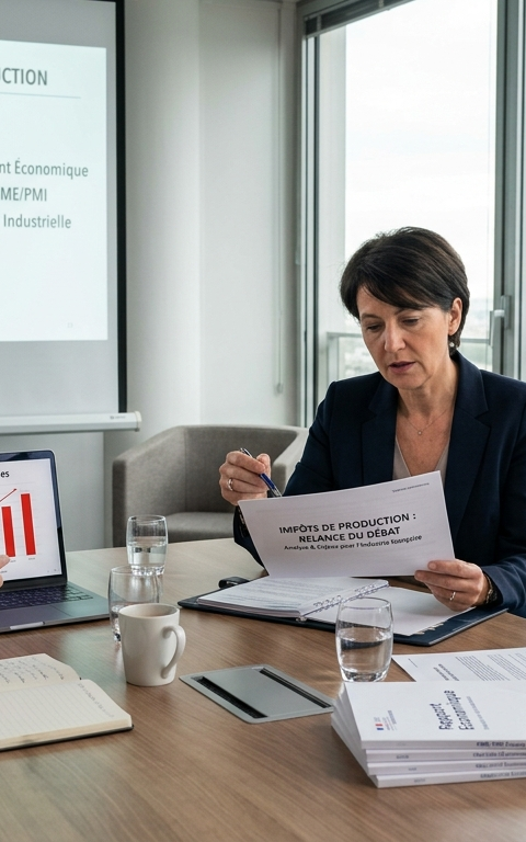 Trois décideurs économiques en réunion stratégique dans un bureau parisien, analysant des statistiques sur la hausse des défaillances d'entreprises et étudiant un rapport sur la réforme des impôts de production pour soutenir la compétitivité industrielle. Par Entreprisma