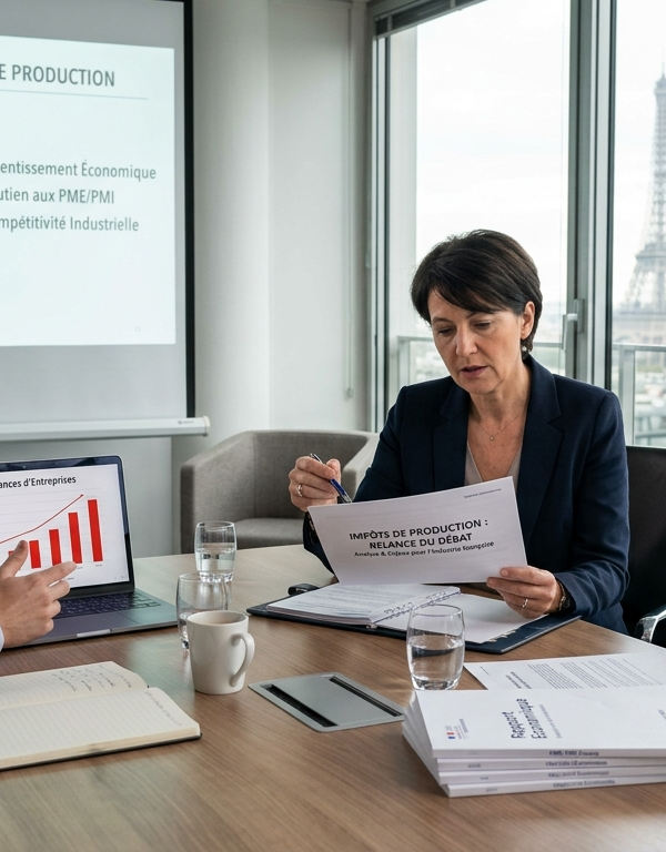 Trois décideurs économiques en réunion stratégique dans un bureau parisien, analysant des statistiques sur la hausse des défaillances d'entreprises et étudiant un rapport sur la réforme des impôts de production pour soutenir la compétitivité industrielle. Par Entreprisma