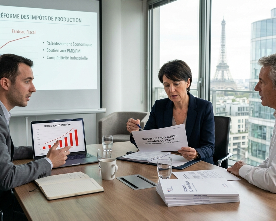 Trois décideurs économiques en réunion stratégique dans un bureau parisien, analysant des statistiques sur la hausse des défaillances d'entreprises et étudiant un rapport sur la réforme des impôts de production pour soutenir la compétitivité industrielle. Par Entreprisma