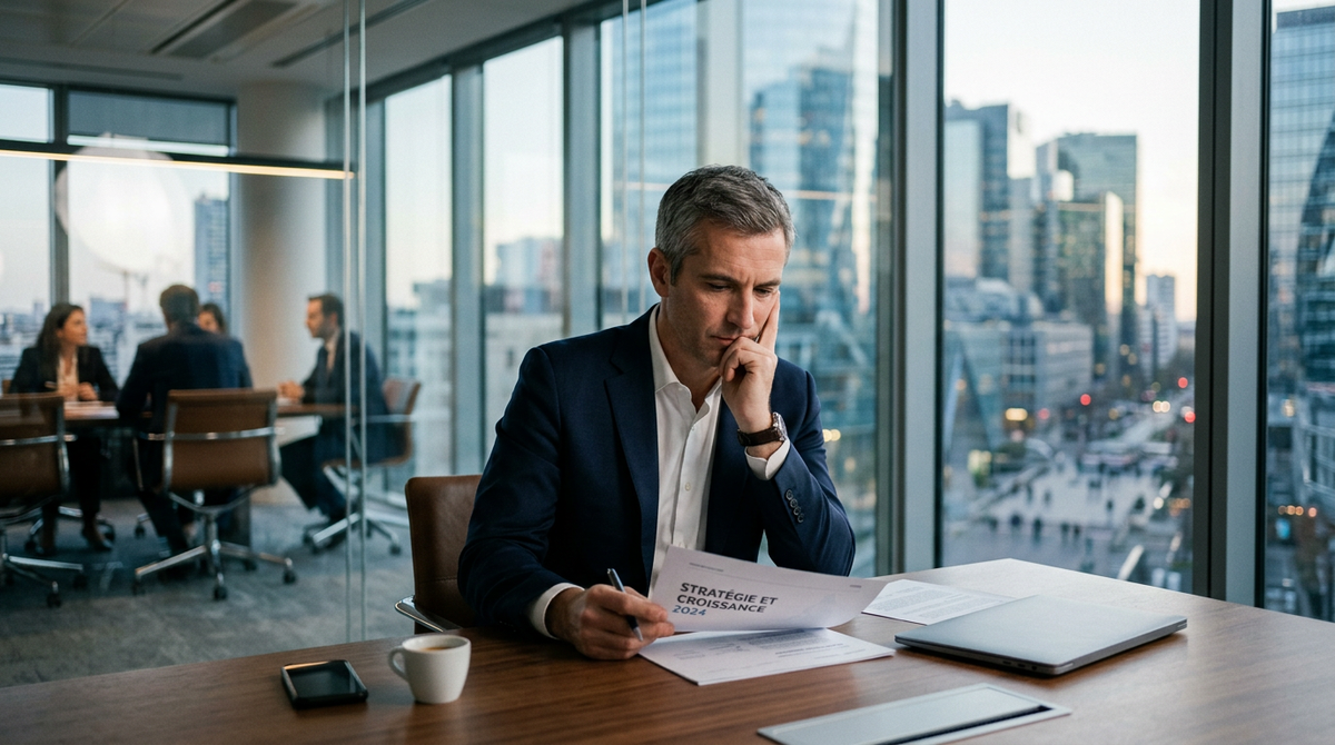 Illustration d'un dirigeant de PME devant un tableau de bord, symbolisant la prise de décision stratégique face au Barème prud'homal 2026.