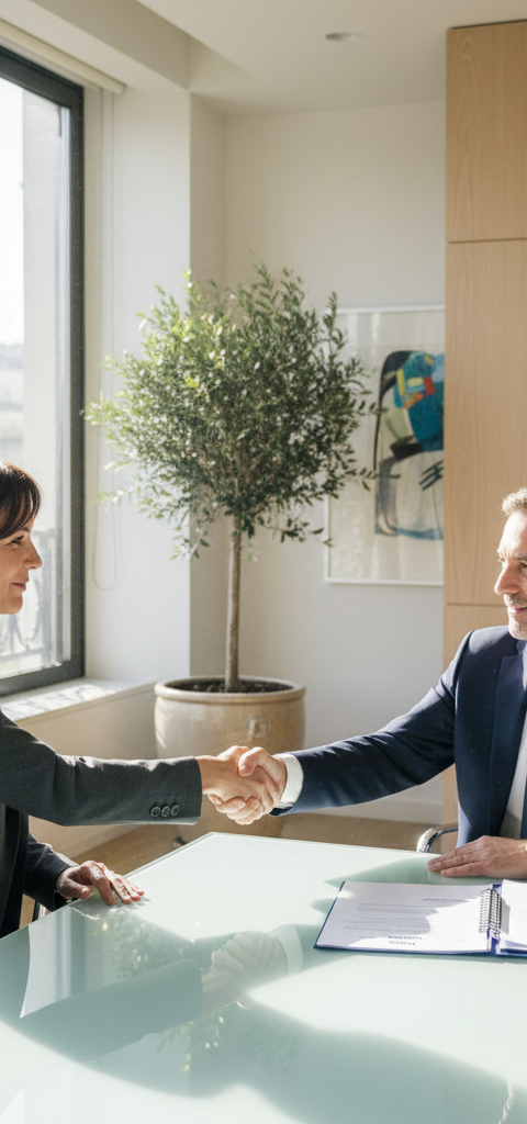 Illustration d'une négociation de contrat, avec des documents et des graphiques financiers, symbolisant la renégociation stratégique des Baux Commerciaux 2026 pour optimiser les loyers.