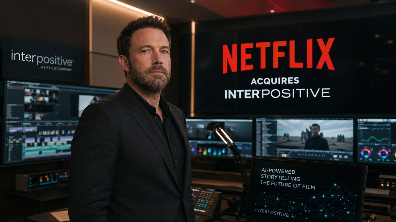 Ben Affleck dans un studio de post-production cinématographique, devant des écrans évoquant le rachat d’InterPositive par Netflix et l’intégration de l’intelligence artificielle dans la production audiovisuelle.