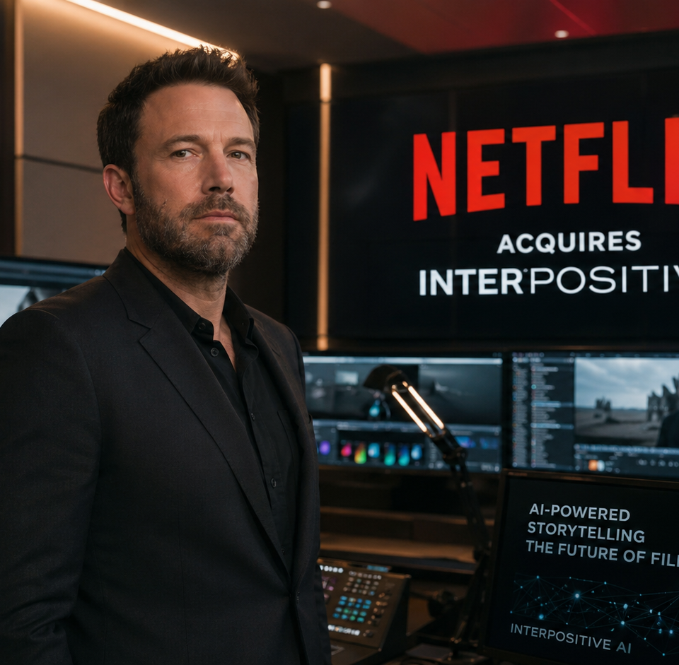 Ben Affleck dans un studio de post-production cinématographique, devant des écrans évoquant le rachat d’InterPositive par Netflix et l’intégration de l’intelligence artificielle dans la production audiovisuelle.