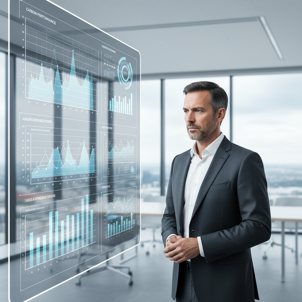 Illustration d'une PME transformant son Bilan carbone obligatoire en levier de financement, avec des graphiques de réduction d'émissions et des symboles monétaires.