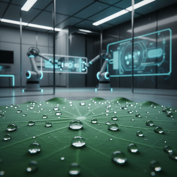 Illustration d'une feuille de lotus avec des gouttes d'eau, symbolisant le biomimétisme en PME et l'innovation inspirée