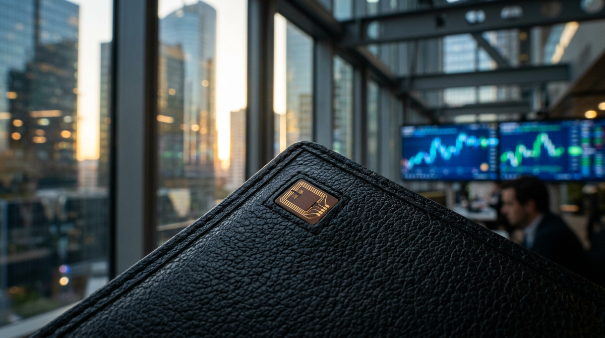 Illustration d'un produit de luxe avec un QR code ou une puce NFC, symbolisant l'authentification par la blockchain pour les PME.