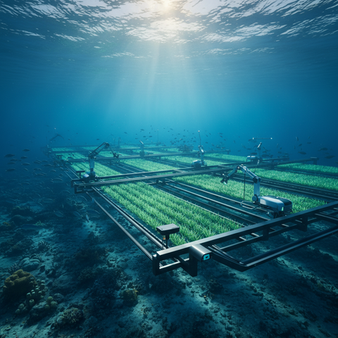 Illustration d'une innovation technologique marine, avec des algorithmes d'IA analysant des Blue Economy ressources sous-marines, symbolisant la durabilité et l'économie bleue.