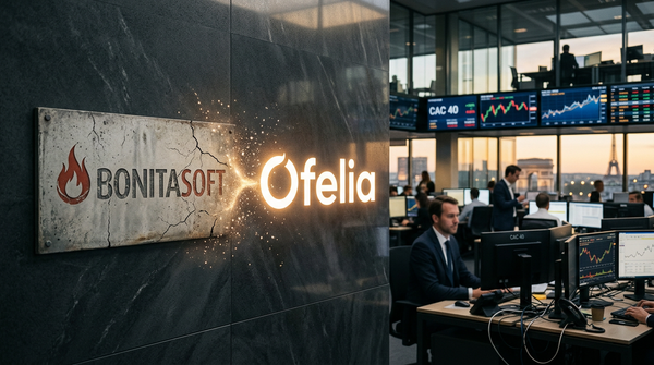 Illustration du logo Bonitasoft se transformant en Ofelia, symbolisant la transition vers l'IA et la réinvention d'une entreprise technologique.