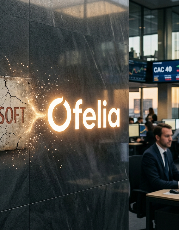 Illustration du logo Bonitasoft se transformant en Ofelia, symbolisant la transition vers l'IA et la réinvention d'une entreprise technologique.