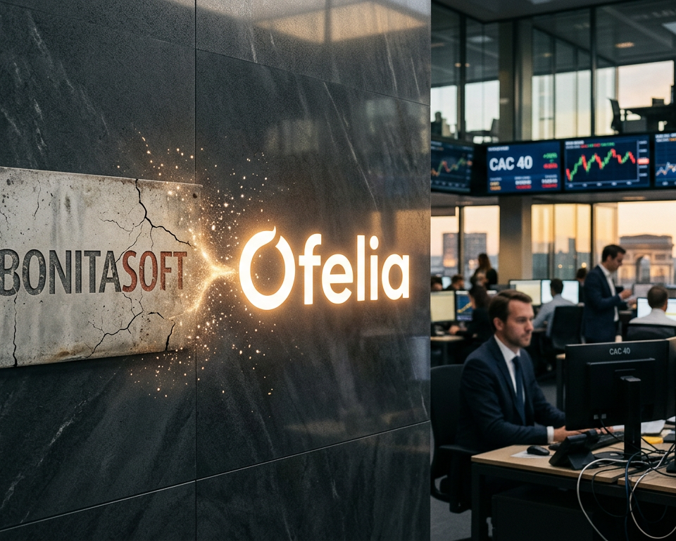 Illustration du logo Bonitasoft se transformant en Ofelia, symbolisant la transition vers l'IA et la réinvention d'une entreprise technologique.