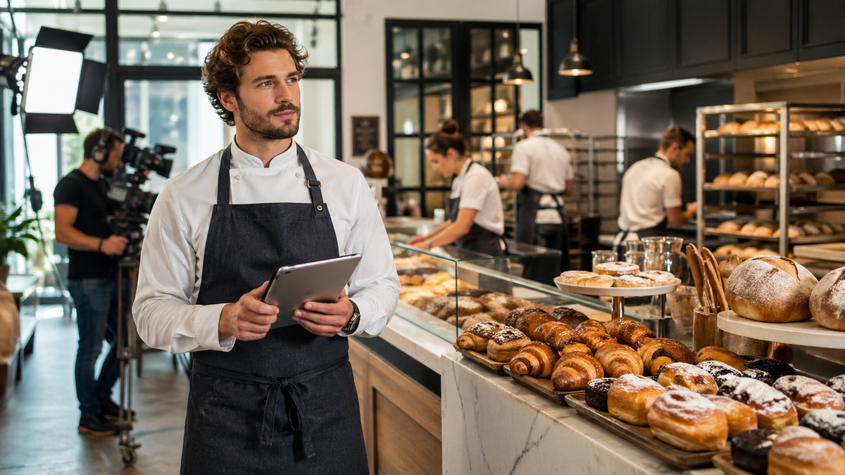 Jeune artisan boulanger tenant une tablette dans une boulangerie moderne, entouré de son équipe et d’un tournage, illustrant la transformation des métiers artisanaux en véritables entreprises de marque, de production et de visibilité.