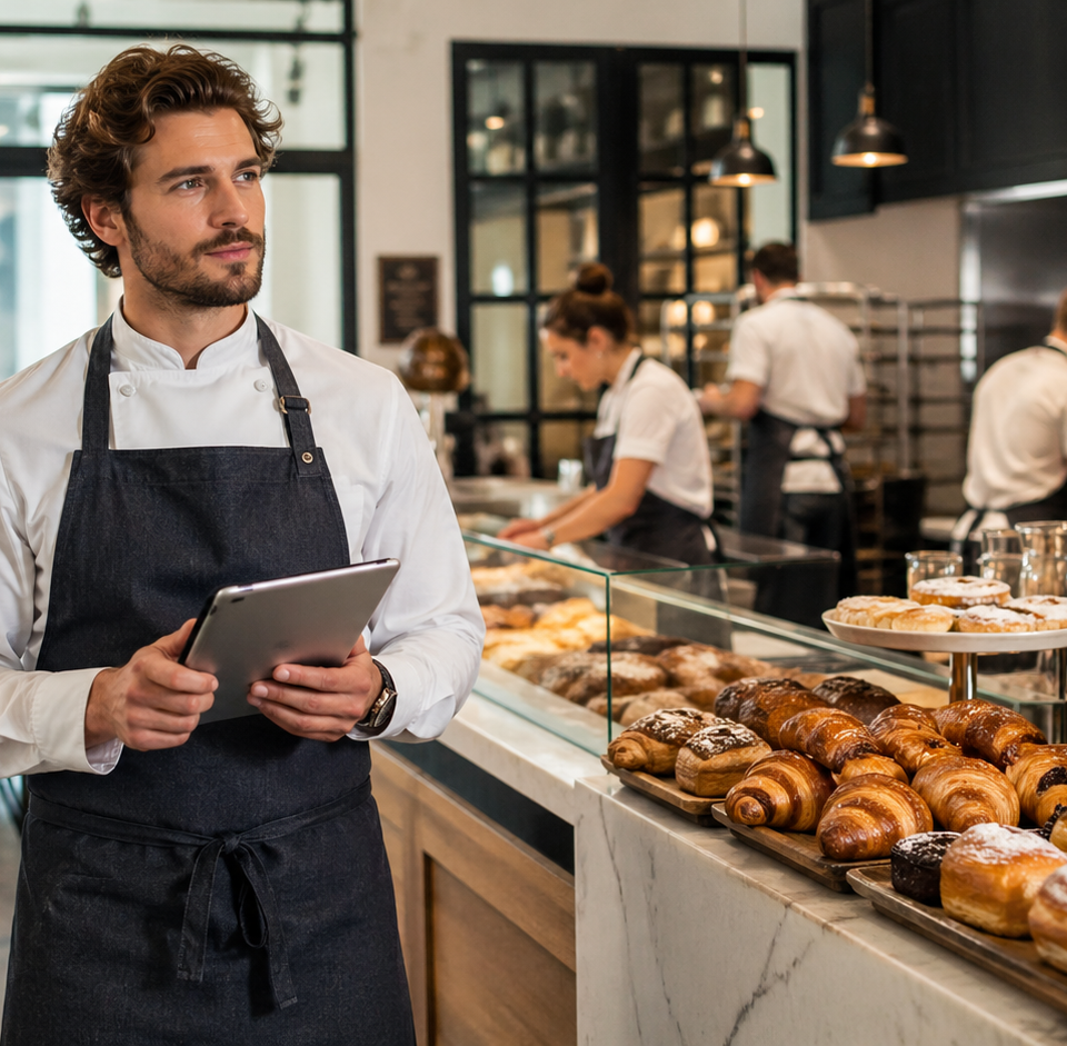 Jeune artisan boulanger tenant une tablette dans une boulangerie moderne, entouré de son équipe et d’un tournage, illustrant la transformation des métiers artisanaux en véritables entreprises de marque, de production et de visibilité.