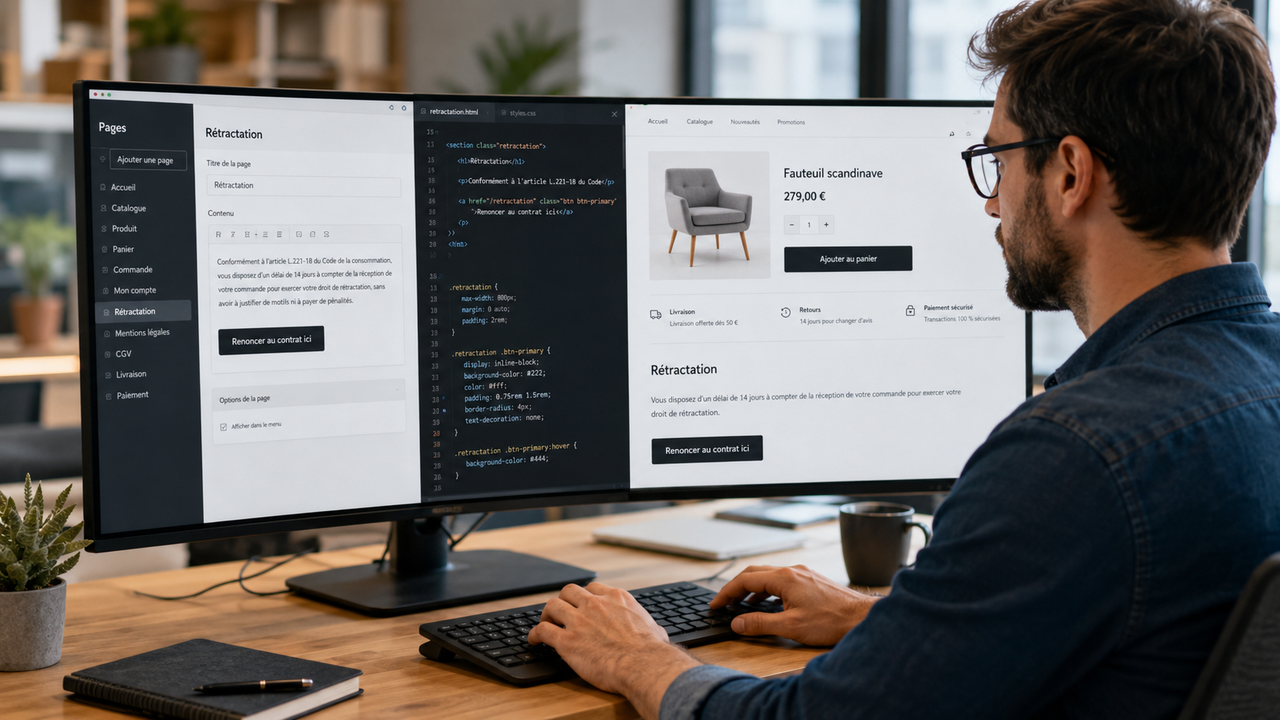 Développeur intégrant un bouton de rétractation sur l’interface d’un site e-commerce avant l’entrée en vigueur de l’obligation du 19 juin 2026.
